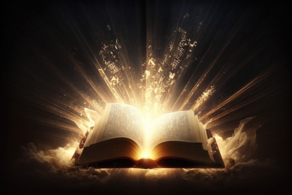 Holy Bible with rays of light coming out. AI generative.